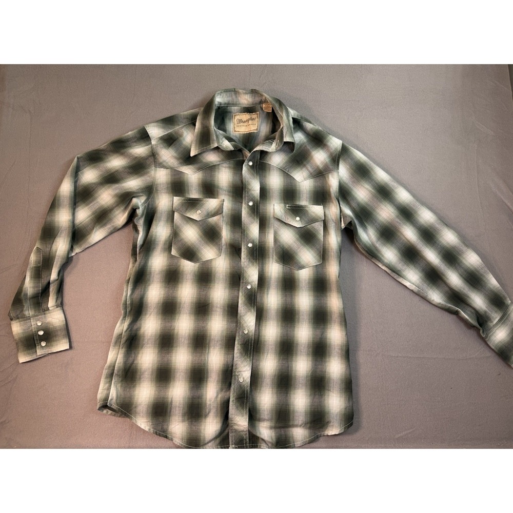 Wrangler Mens Long Sleeve Green Plaid Western Pearl Snap Shirt